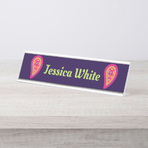 Boho Floral Pink Motif Desk Name Plate
