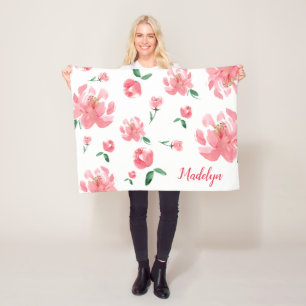 Boho floral pink peonies personalised name fleece blanket