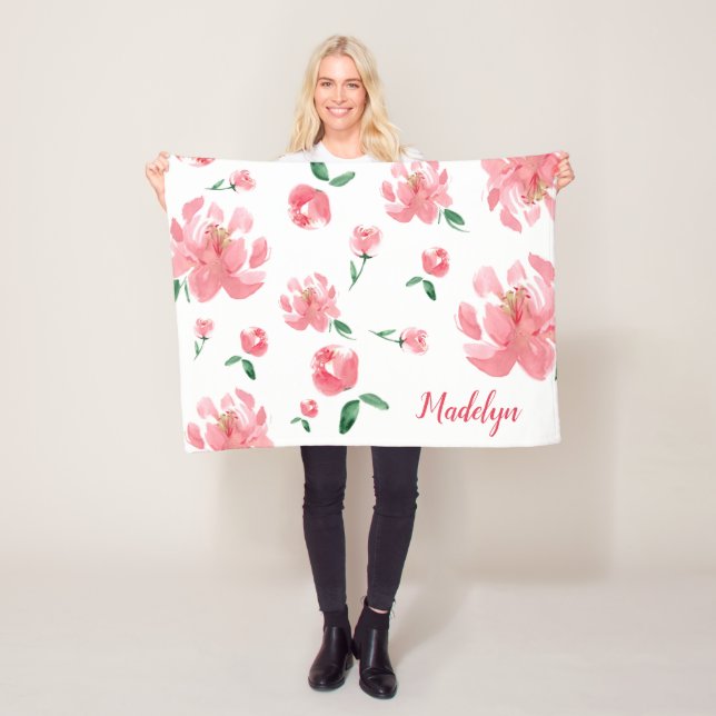 Boho floral pink peonies personalised name fleece blanket (In Situ)