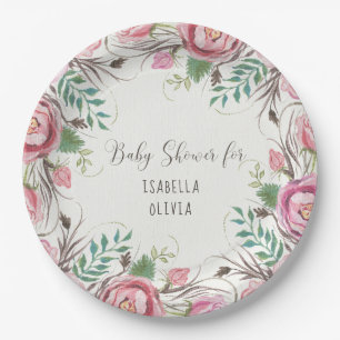 BOHO Floral Pink Rose Fern Leaves Bohemian Nature Paper Plate