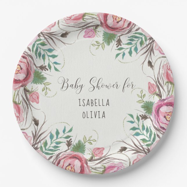 BOHO Floral Pink Rose Fern Leaves Bohemian Nature Paper Plate (Front)