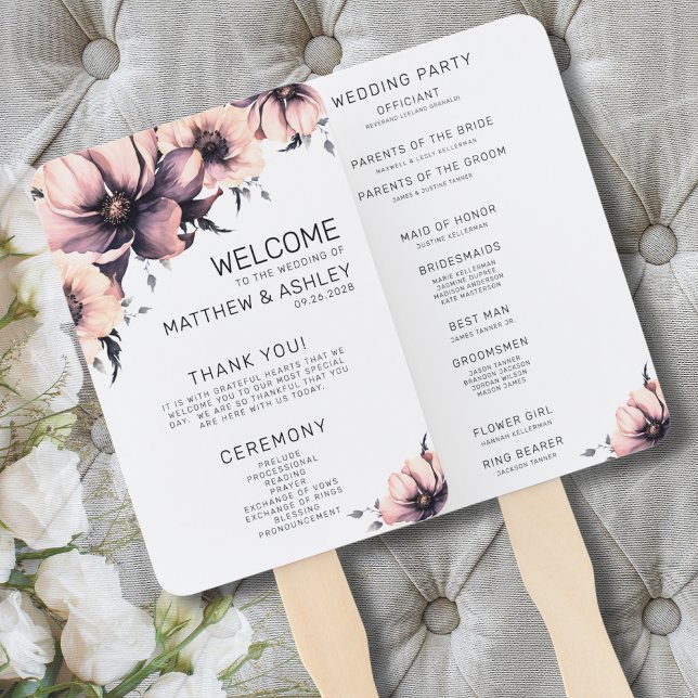 Boho Floral Pink Wedding Ceremony Program Hand Fan (Ceremony Programs Modern Boho Floral Pink Wedding Hand Fan)