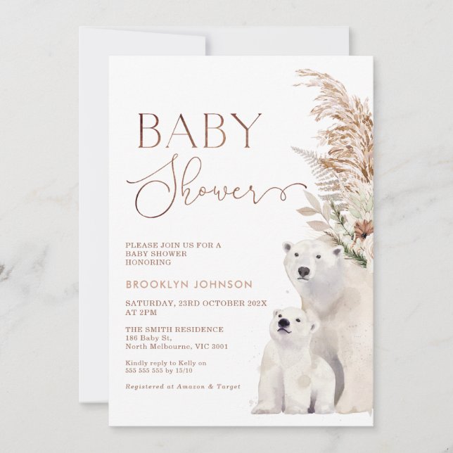 Boho Floral Polar Bear Cub Baby Shower Invitation (Front)