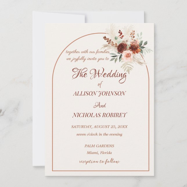 Boho floral pumpas wedding  invitation (Front)