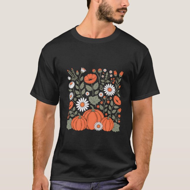 Boho Floral Pumpkin Season Cosy Vibes Ditsy Flower T-Shirt (Front)