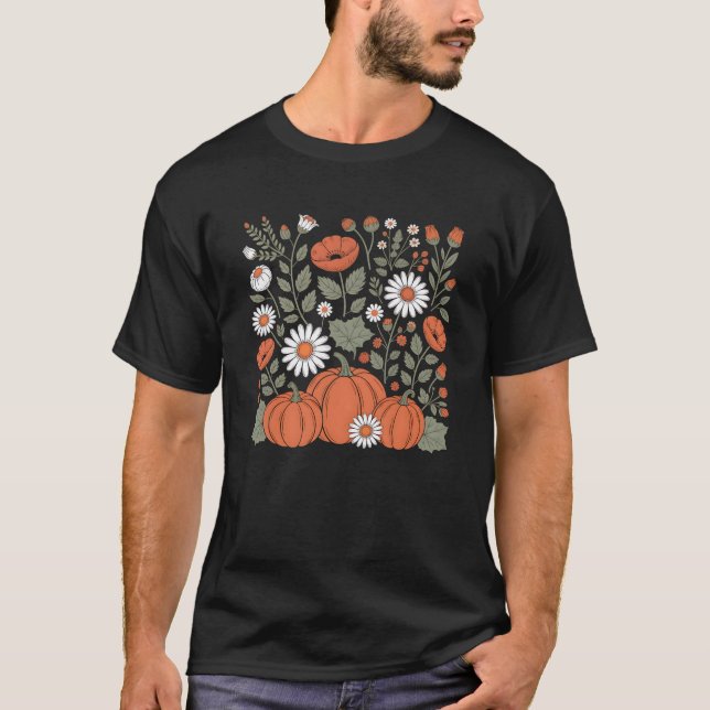 Boho Floral Pumpkin Season Cosy Vibes Ditsy Flower T-Shirt (Front)