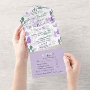 Boho Floral Purple pattern  Watercolor Wedding  All In One Invitation