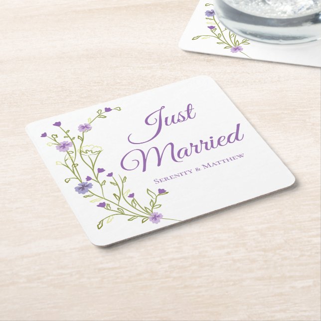 Boho Floral Purple Wildflower Just Married Square Paper Coaster (Angled)