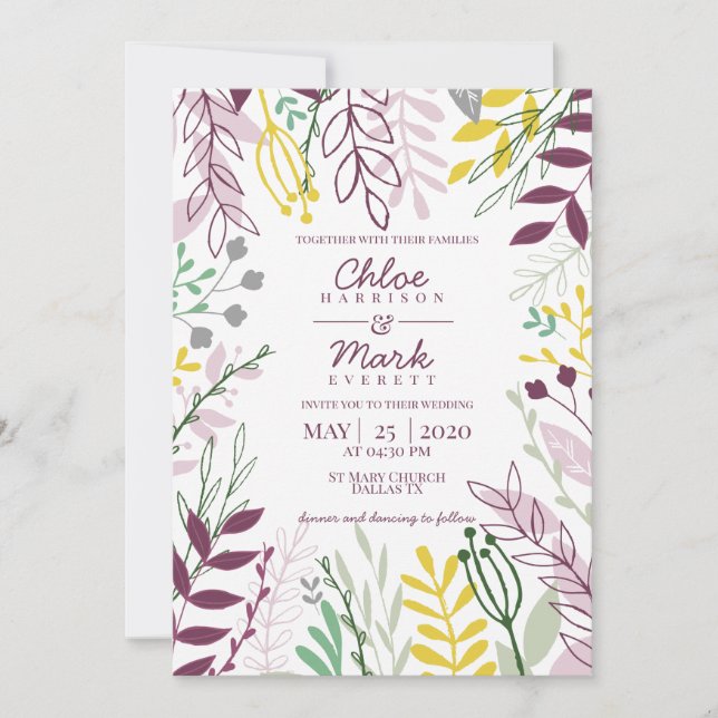 Boho Floral Purple Yellow Summer Wedding Invitation (Front)
