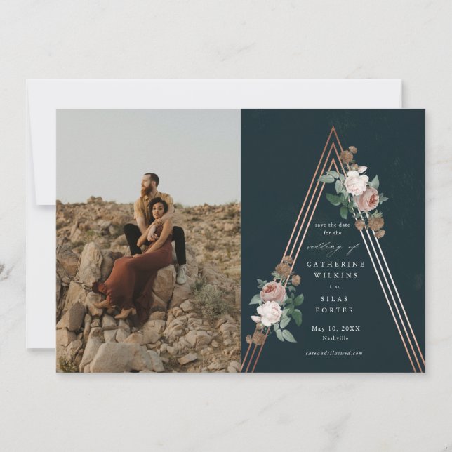 Boho floral pyramid wedding photo save the date invitation (Front)