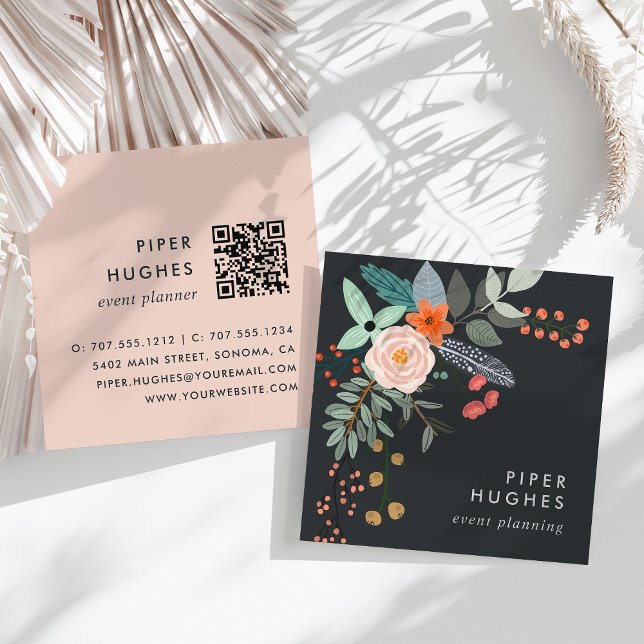 Boho Floral QR Code Square Business Card (Creator Uploaded)