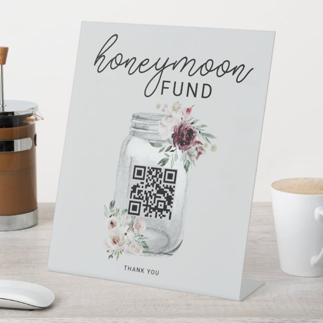 Boho Floral QR Code Wedding Honeymoon Fund Pedestal Sign (In SItu)