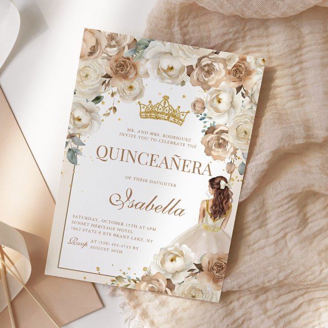 Boho Floral Quinceanera Champagne Mis Quince Anos Invitation (Creator Uploaded)