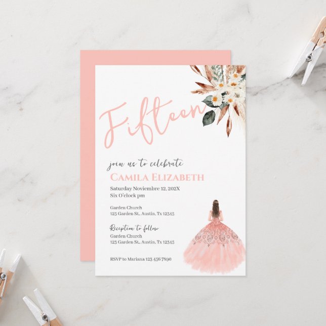 Boho Floral Quinceañera Invitation (Front/Back In Situ)
