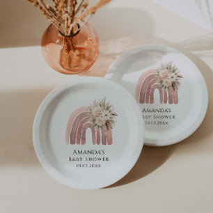 Boho Floral Rainbow Girl Baby Shower Paper Plate
