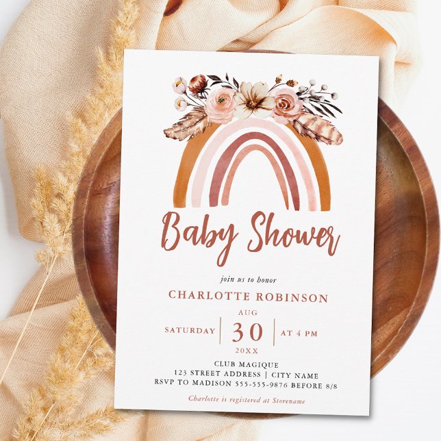 Boho Floral Rainbow Terracotta Orange Baby Shower  Invitation (Creator Uploaded)