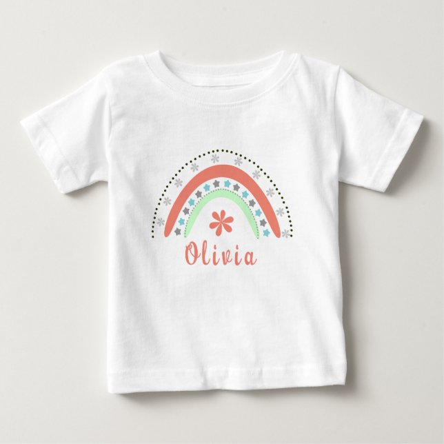 Boho Floral Rainbow With Personalised Name Baby T-Shirt (Front)