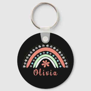 Boho Floral Rainbow With Personalised Name Key Ring