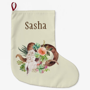 Boho Floral Ram Skull Personalised Large Christmas Stocking