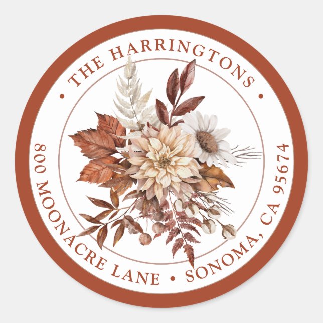 Boho Floral Return Address Round Envelope Seal (Front)