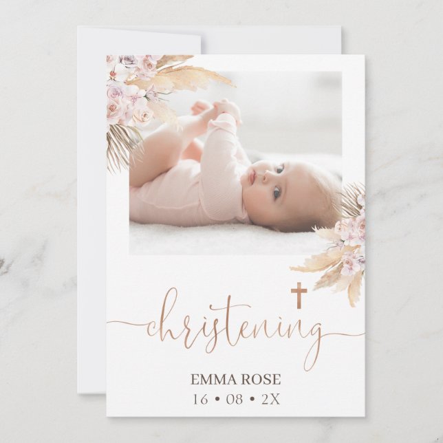 Boho Floral Rose Calligraphy Photo Christening Invitation (Front)
