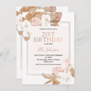 Boho Floral Rose Gold 21st Birthday Invitation