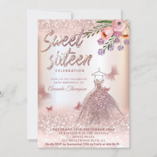 Boho floral Rose gold glittery dress butterfly  Invitation