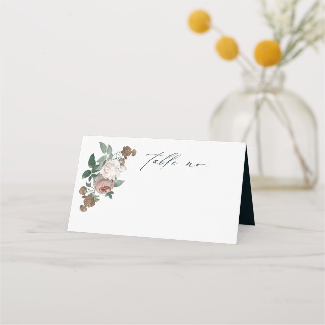 Boho Floral Rose Script Wedding Place Card (Front)