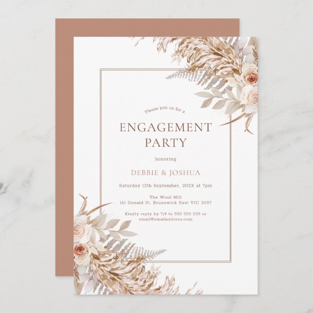 Boho Floral Roses Pampas Grass Engagement Invitation (Front/Back)