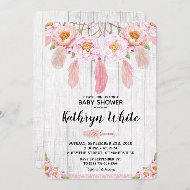 Boho Floral Rustic Baby Shower Invitation Girl (Front/Back)