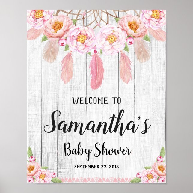 Boho Floral Rustic Baby Shower Welcome Poster Sign (Front)
