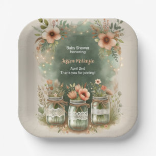 Boho Floral Rustic Floral Mason Jar Baby Shower Paper Plate