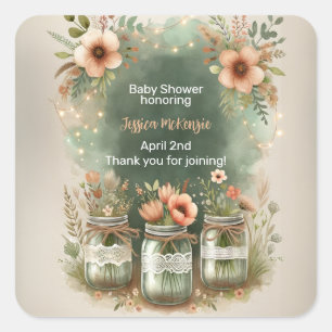 Boho Floral Rustic Floral Mason Jar Baby Shower Square Sticker