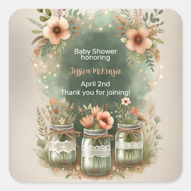 Boho Floral Rustic Floral Mason Jar Baby Shower Square Sticker (Front)