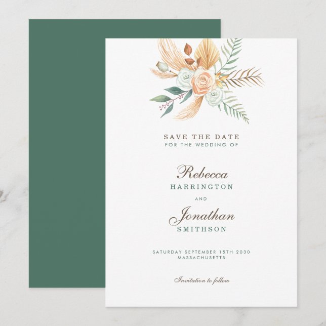 Boho Floral Rustic Green Wedding Save The Date Invitation (Front/Back)