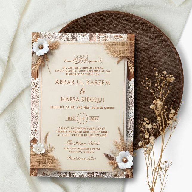 Boho Floral Rustic Monogram Islamic Wedding Invitation (Creator Uploaded)