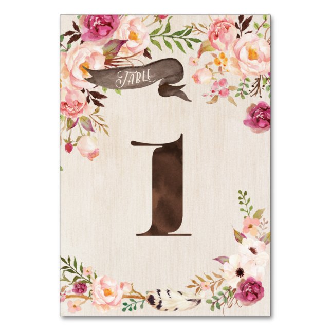 Boho Floral Rustic Wedding Table Number Card (Front)