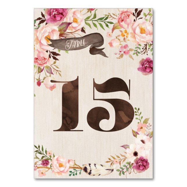 Boho Floral Rustic Wedding Table Number Card 15 (Front)