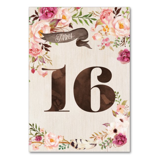 Boho Floral Rustic Wedding Table Number Card 16 (Front)