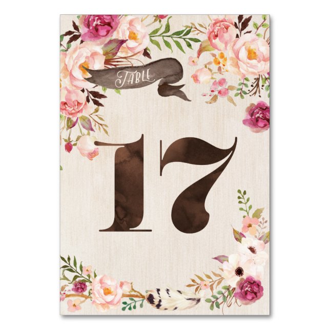 Boho Floral Rustic Wedding Table Number Card 17 (Front)