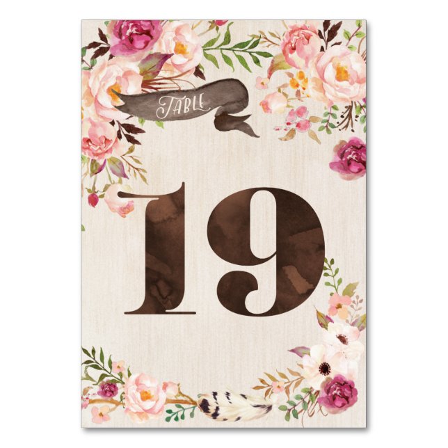 Boho Floral Rustic Wedding Table Number Card 19 (Front)