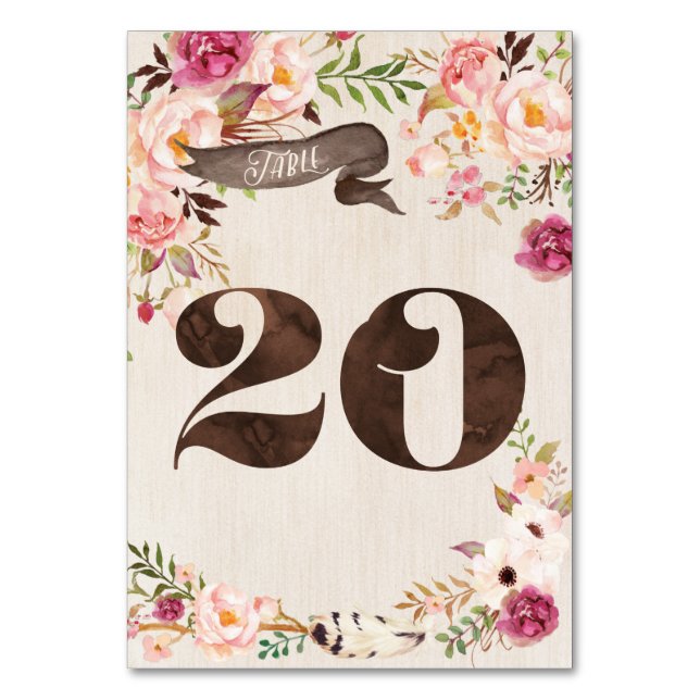 Boho Floral Rustic Wedding Table Number Card 20 (Front)