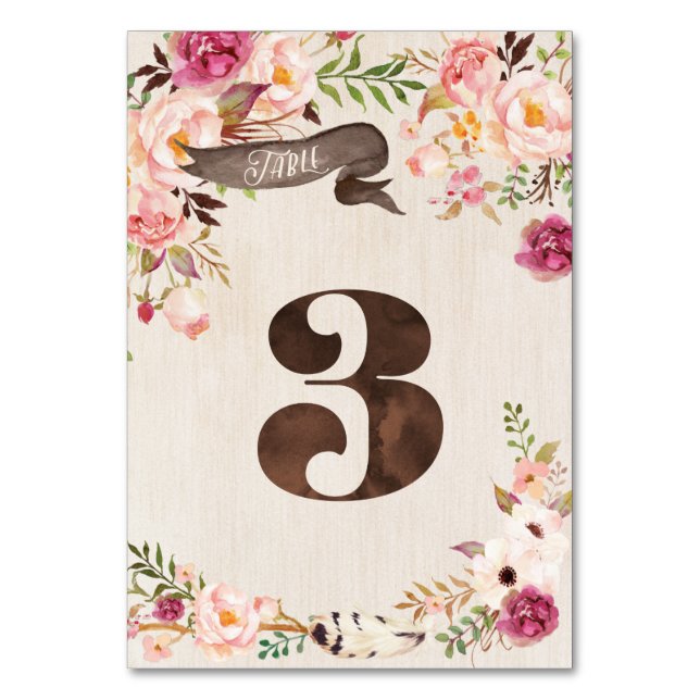 Boho Floral Rustic Wedding Table Number Card 3 (Front)