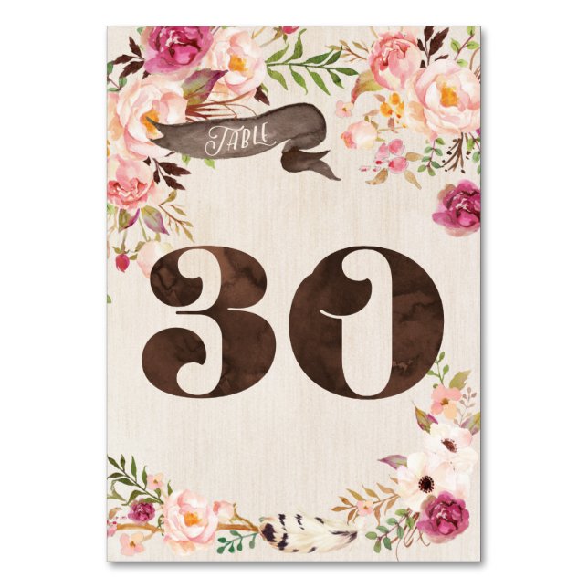 Boho Floral Rustic Wedding Table Number Card 30 (Front)