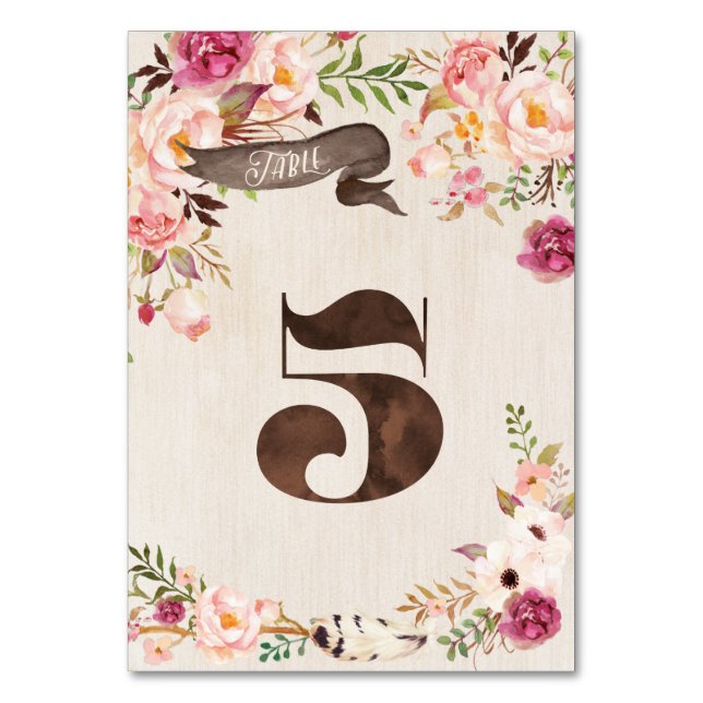 Boho Floral Rustic Wedding Table Number Card 5 (Front)