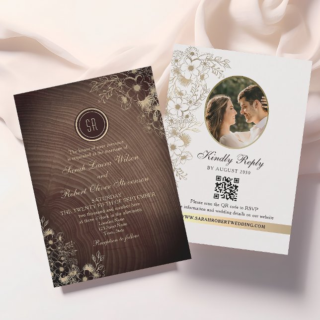 Boho Floral Rustic Wood Wedding QR Code Invitation (Creator Uploaded)