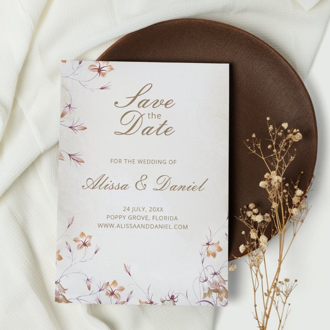 Boho Floral Save The Date Card (Boho Floral Save the Date Card on white table with dark brown plate and wildflower)