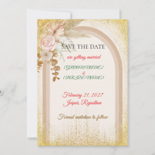Boho Floral Save the Date Card with Gold Sparks