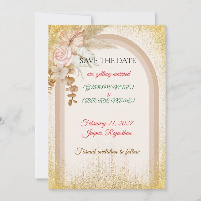 Boho Floral Save the Date Card with Gold Sparks (Front)