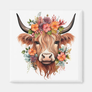 Boho Floral Scottish Highland Cow Western Flowers Magnet